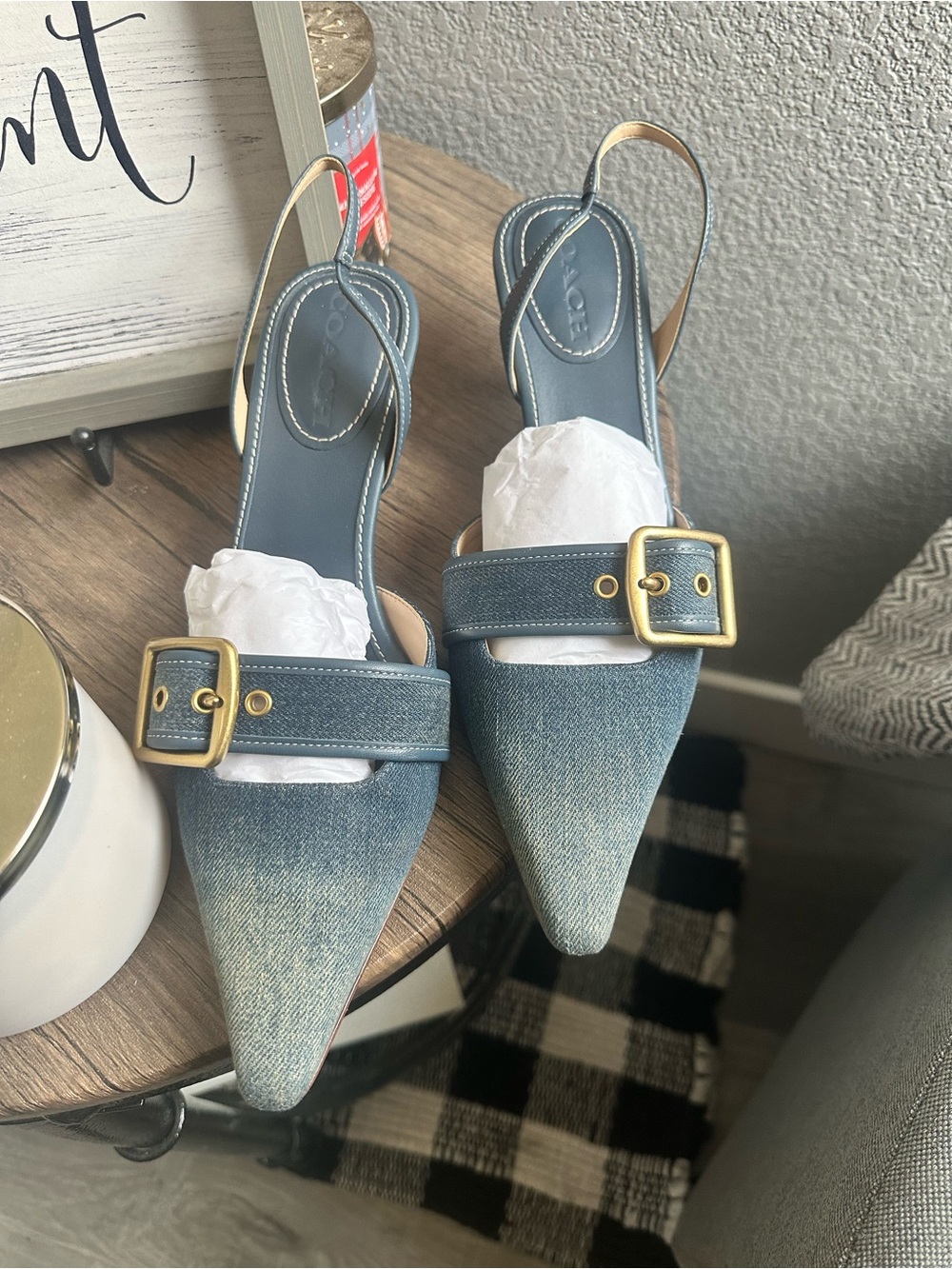 Coach Margot Loved Pointed Denim Slingback Heels with Gold Buckle - Blue